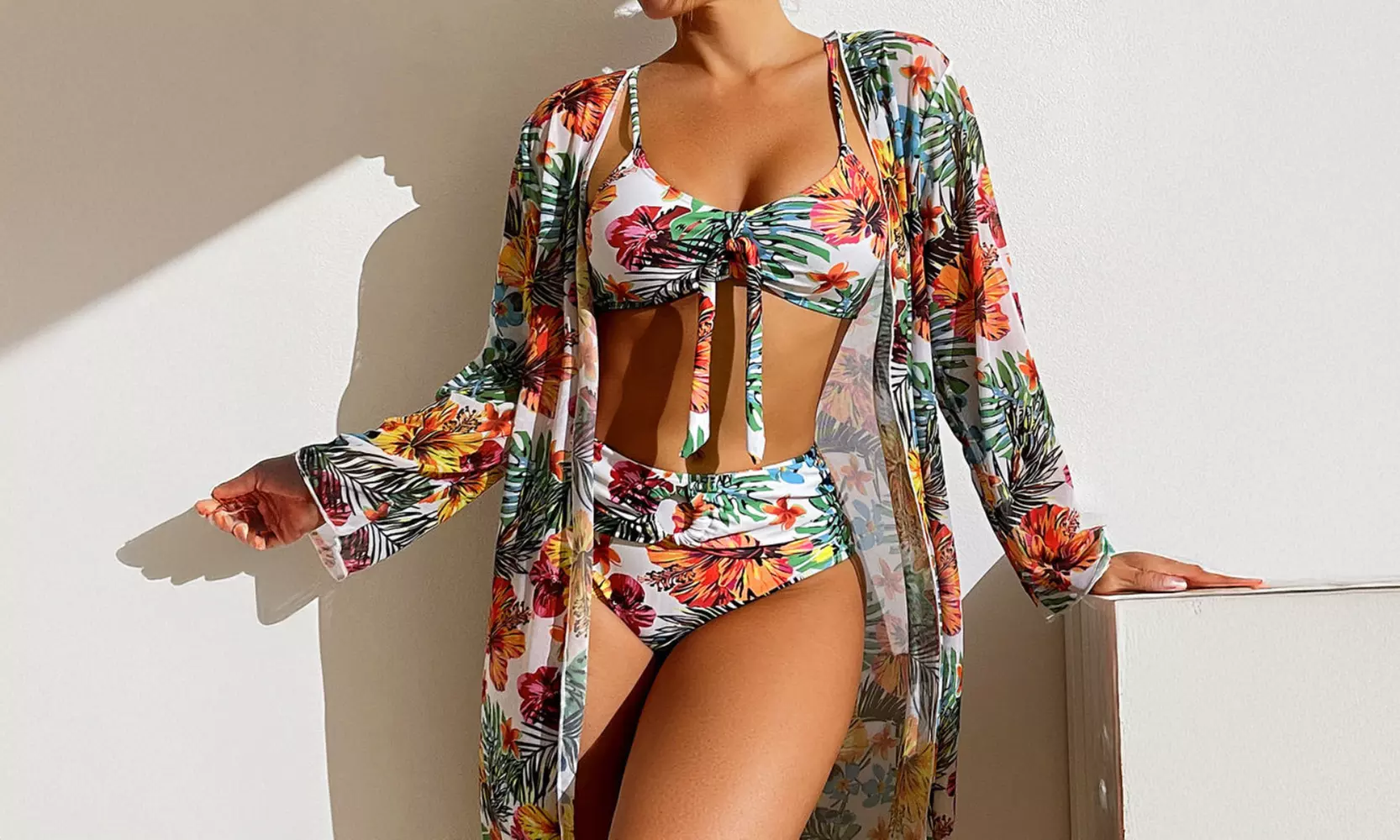 Three Piece Bikini Set With Floral Kimono In Adjustable Size Groupon