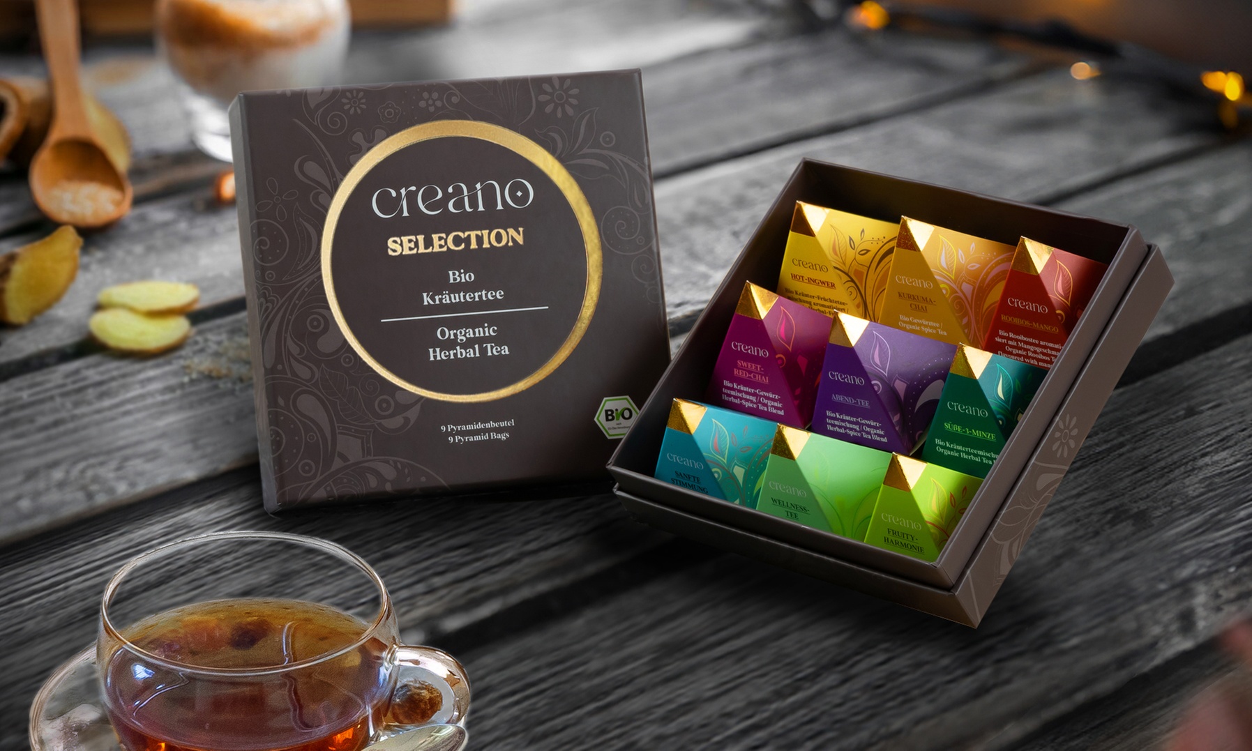 Creano Geschenk-Box „Kräuter-Gewürz-Tee“ Pyramiden (bis zu 1,17€/Stk.)