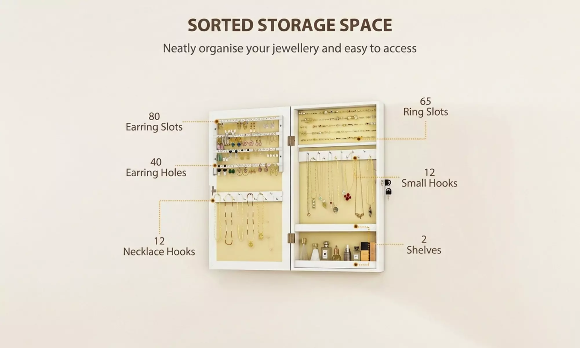 HOMCOM Wall-Mounted Jewellery Storage Cabinet with Mirror