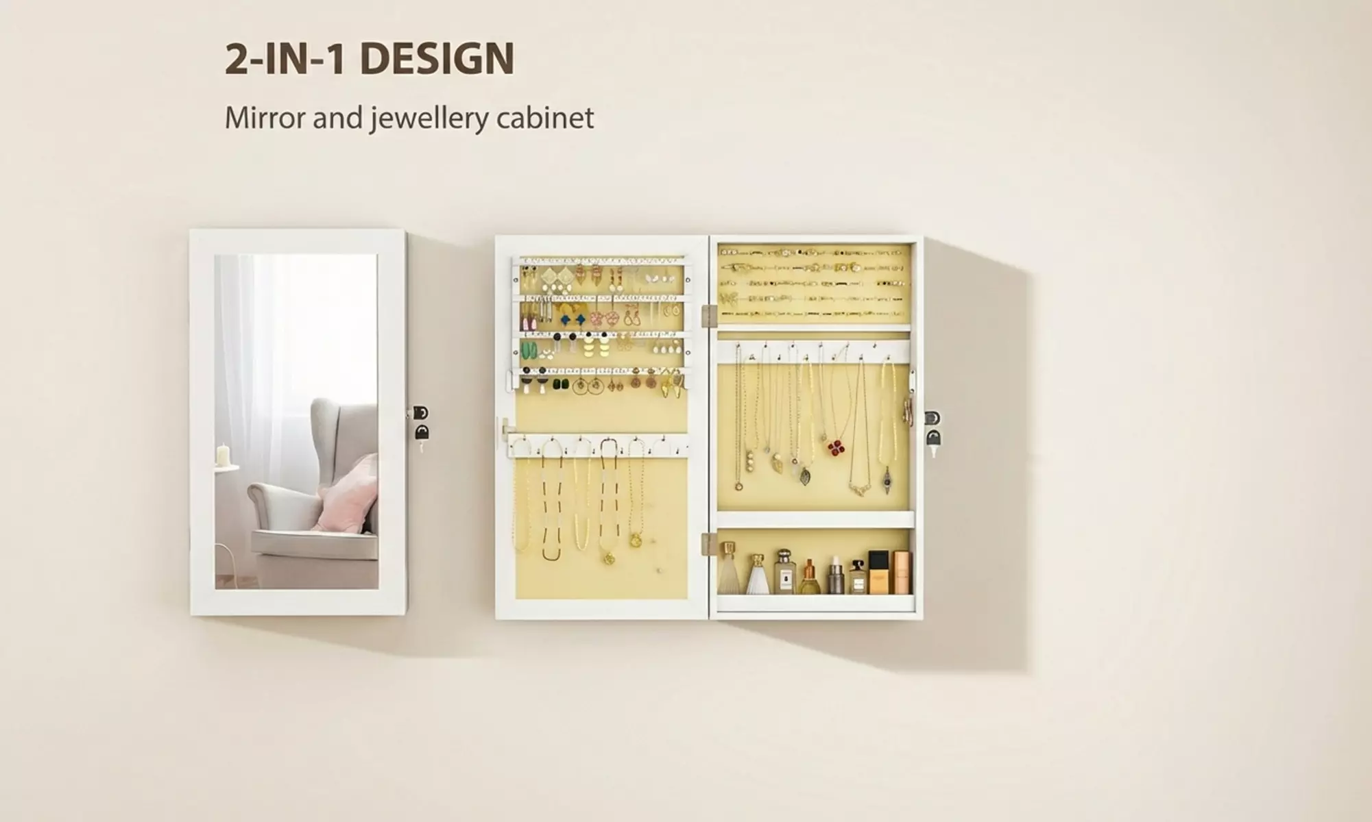 HOMCOM Wall-Mounted Jewellery Storage Cabinet with Mirror