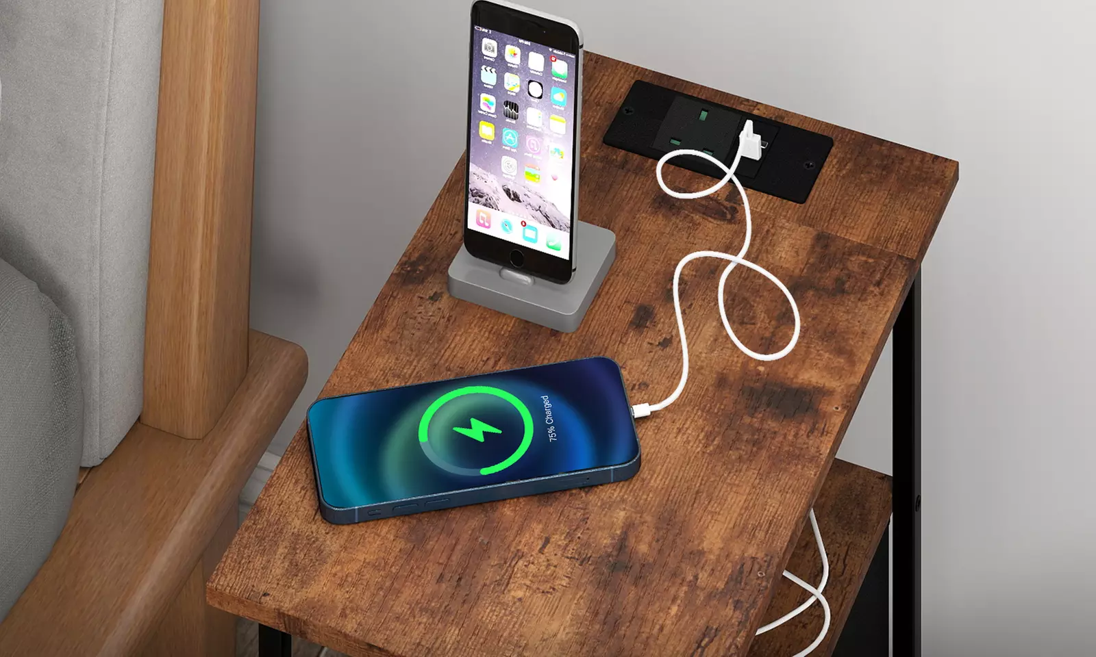 Levede Industrial Charging Side Table with USB Ports and Drawers