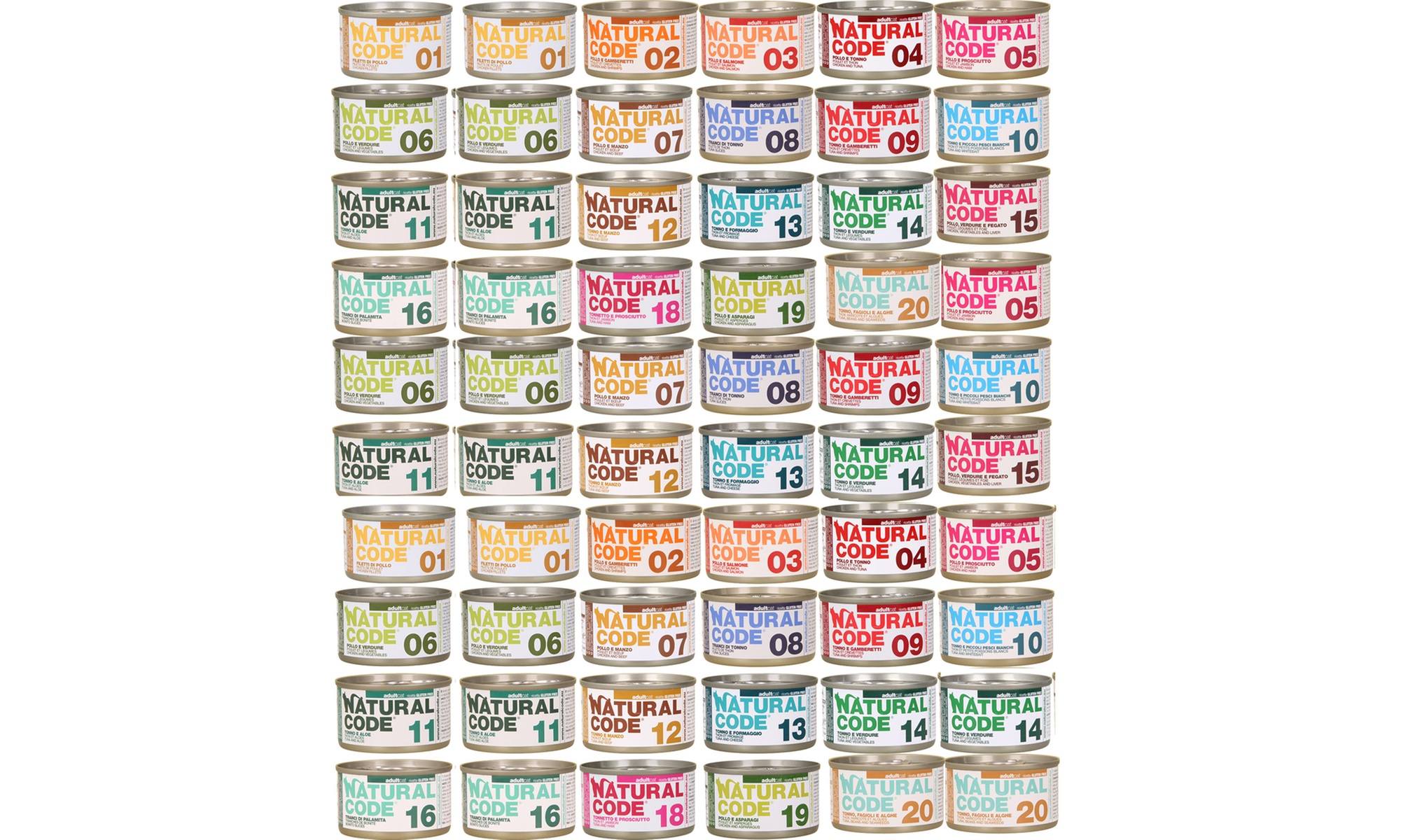 Fino a 96 scatolette di alimenti per gatti Natural Code, disponibili in vari gusti