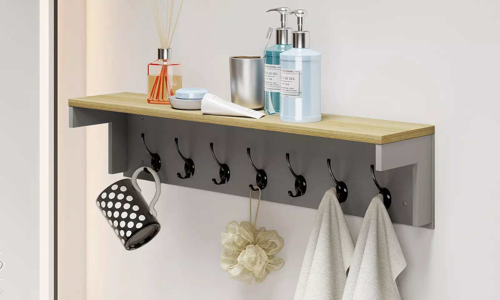 Levede Wall Mounted Coat Rack with Shelf – 7 Double Hooks
