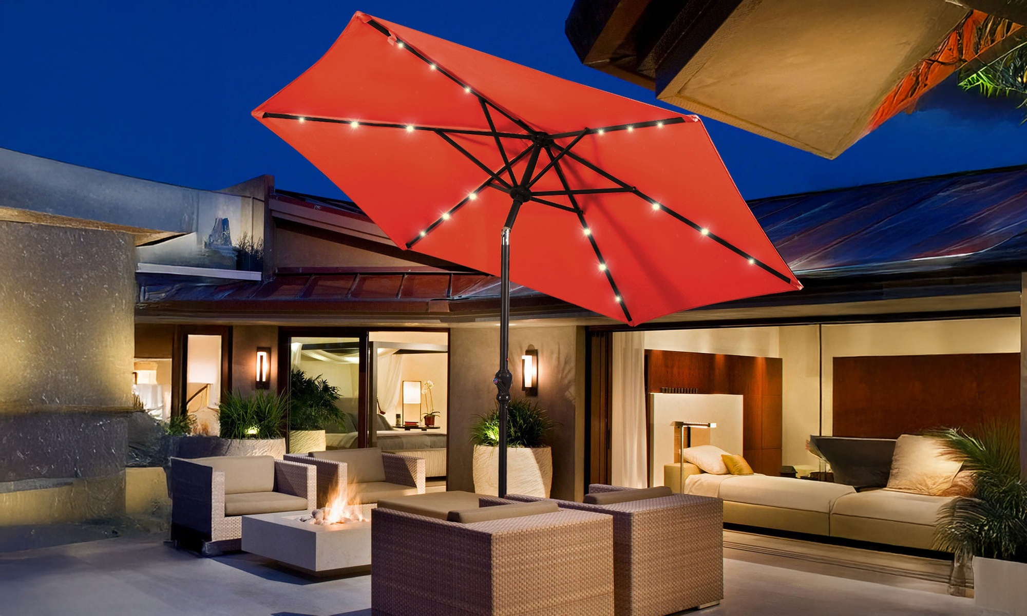 9ft. Patio Umbrella Solar LED Lights Steel Tilt with Crank