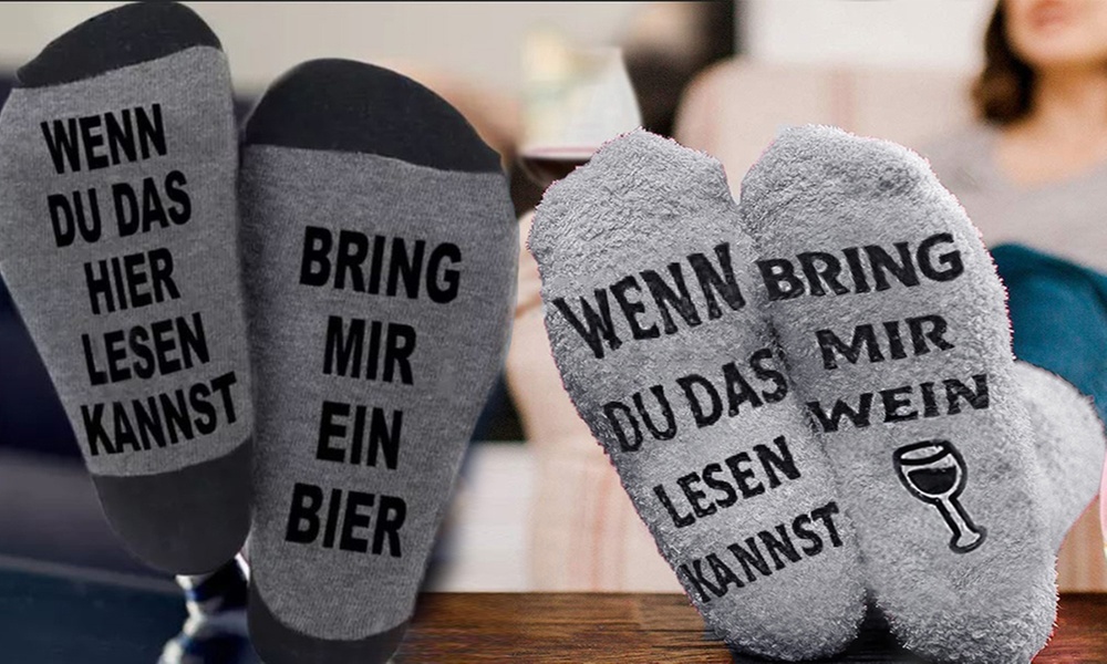 1x oder 2x lustige Socken „Bring mir ein Bier“ oder „Bring mir Wein“