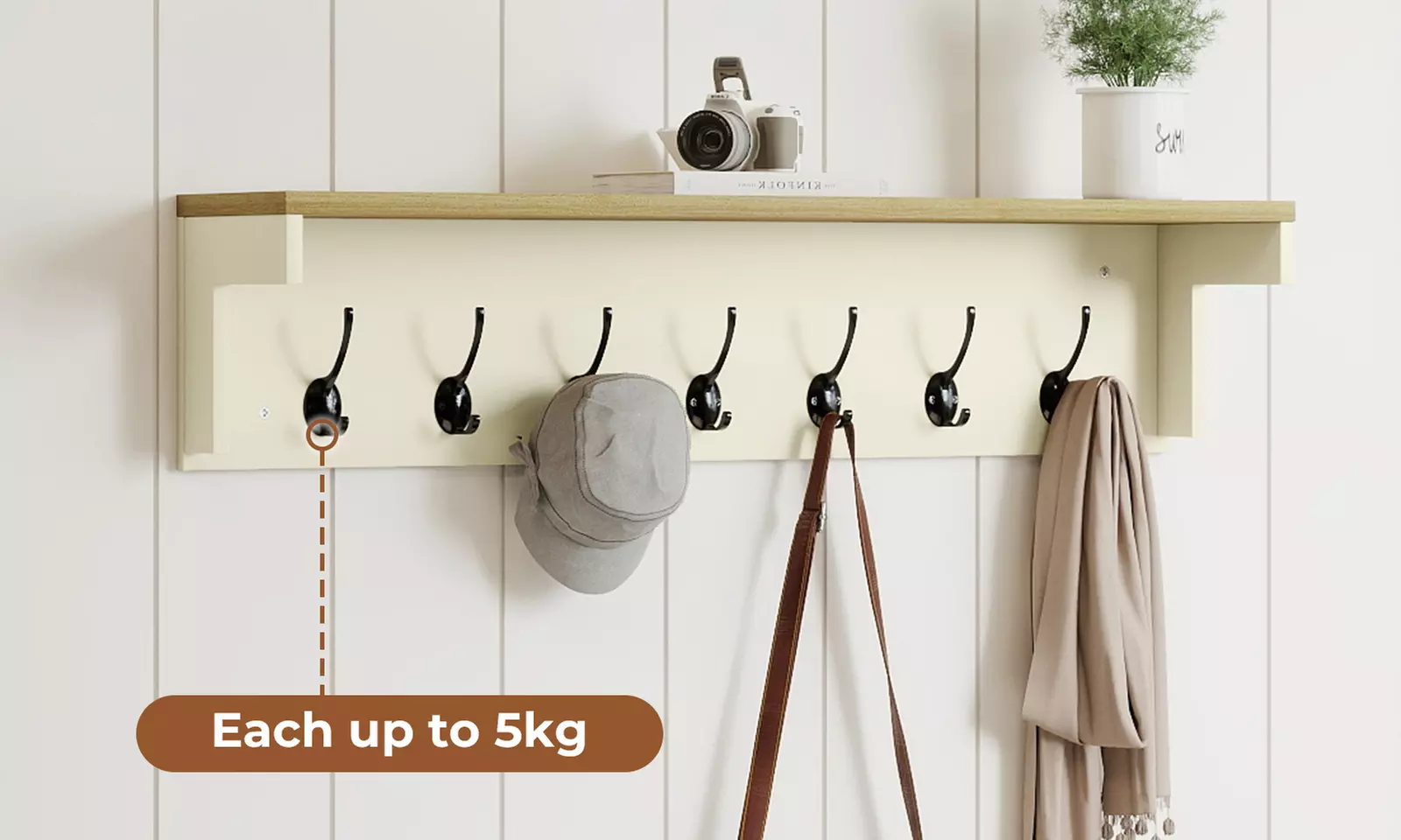 Levede Wall Mounted Coat Rack with Shelf – 7 Double Hooks