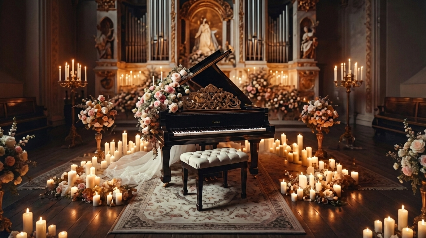 A beautifully lit stage ready for a classical music performance, capturing the romantic and immersive ambiance of Moonlight Concerts.