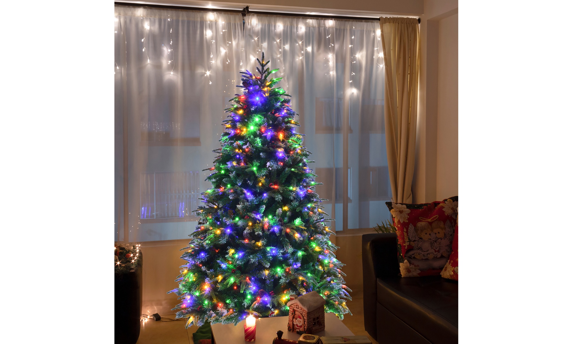 Costway 6ft Pre-Lit Snowy Christmas Tree 11 Flash Modes 350 Multi-Color Lights