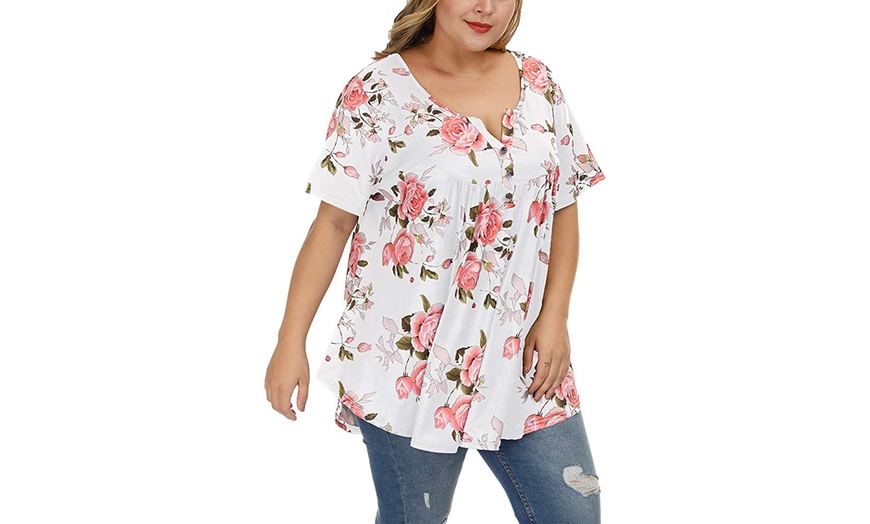 Verno Womens Plus Size Henley Shirts Floral Tunic Tops Short Sleeve