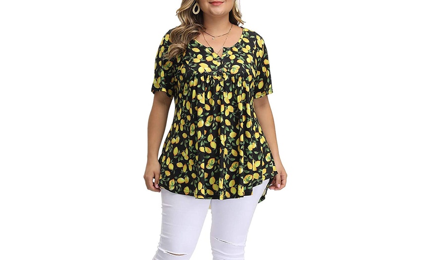 Verno Womens Plus Size Henley Shirts Floral Tunic Tops Short Sleeve