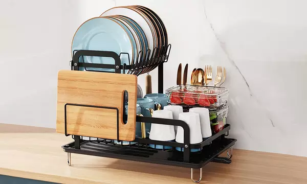 NewHome 2-Tier Dish Drying Rack w/ Drain Board, & Utensil & Cutting Board Holder - Second Medium