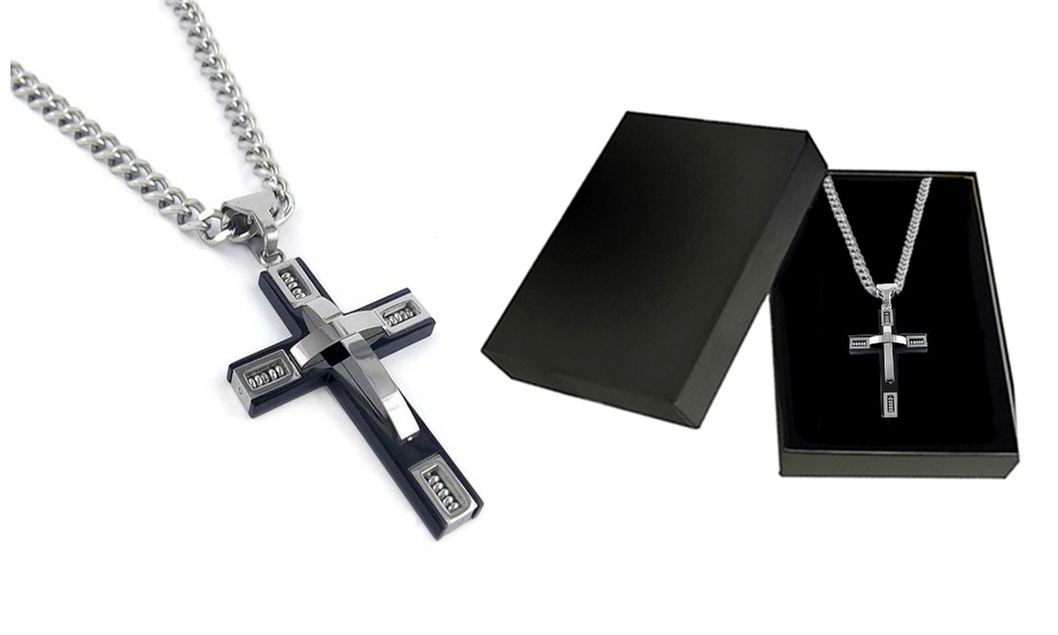 Men's Cross Necklace in Stainless Steel + 24" Inch Curb Chain