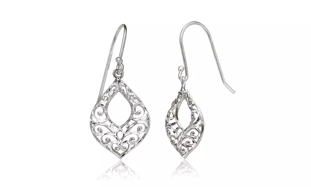 Sterling Silver Diamond-cut Filigree Open Teardrop Dangle Earrings