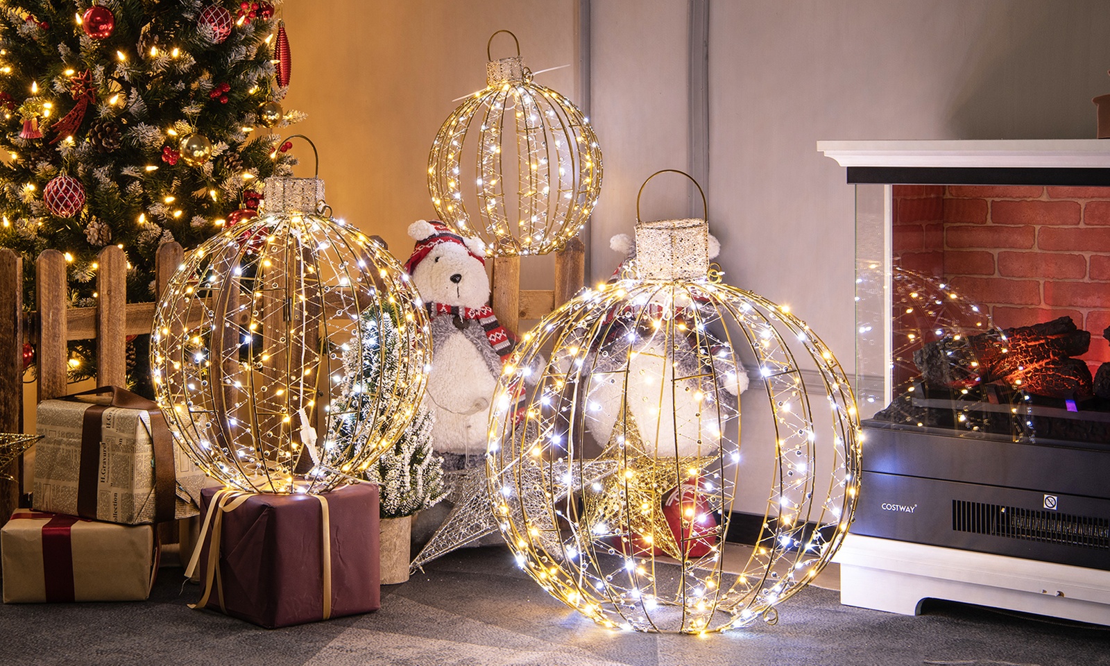 Costway Christmas LED Light Balls Outdoor Hanging Light Spheres 360 Lights