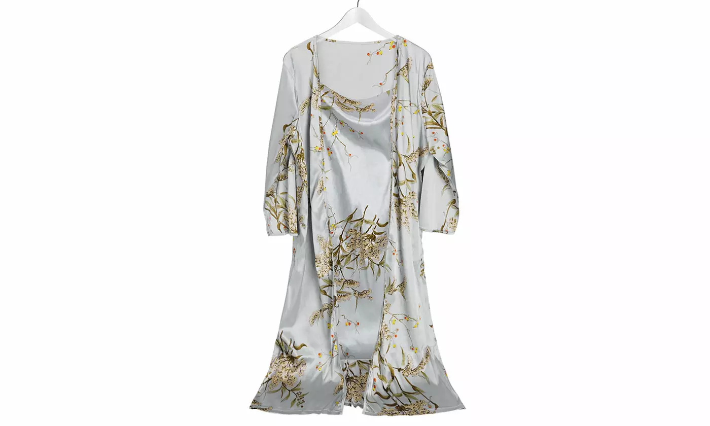 2-Piece Women's Floral Print Satin Lounge Set Robe Dress Collection