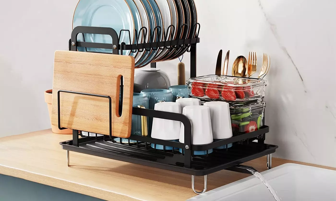 NewHome 2-Tier Dish Drying Rack w/ Drain Board, & Utensil & Cutting Board Holder - Primary Image