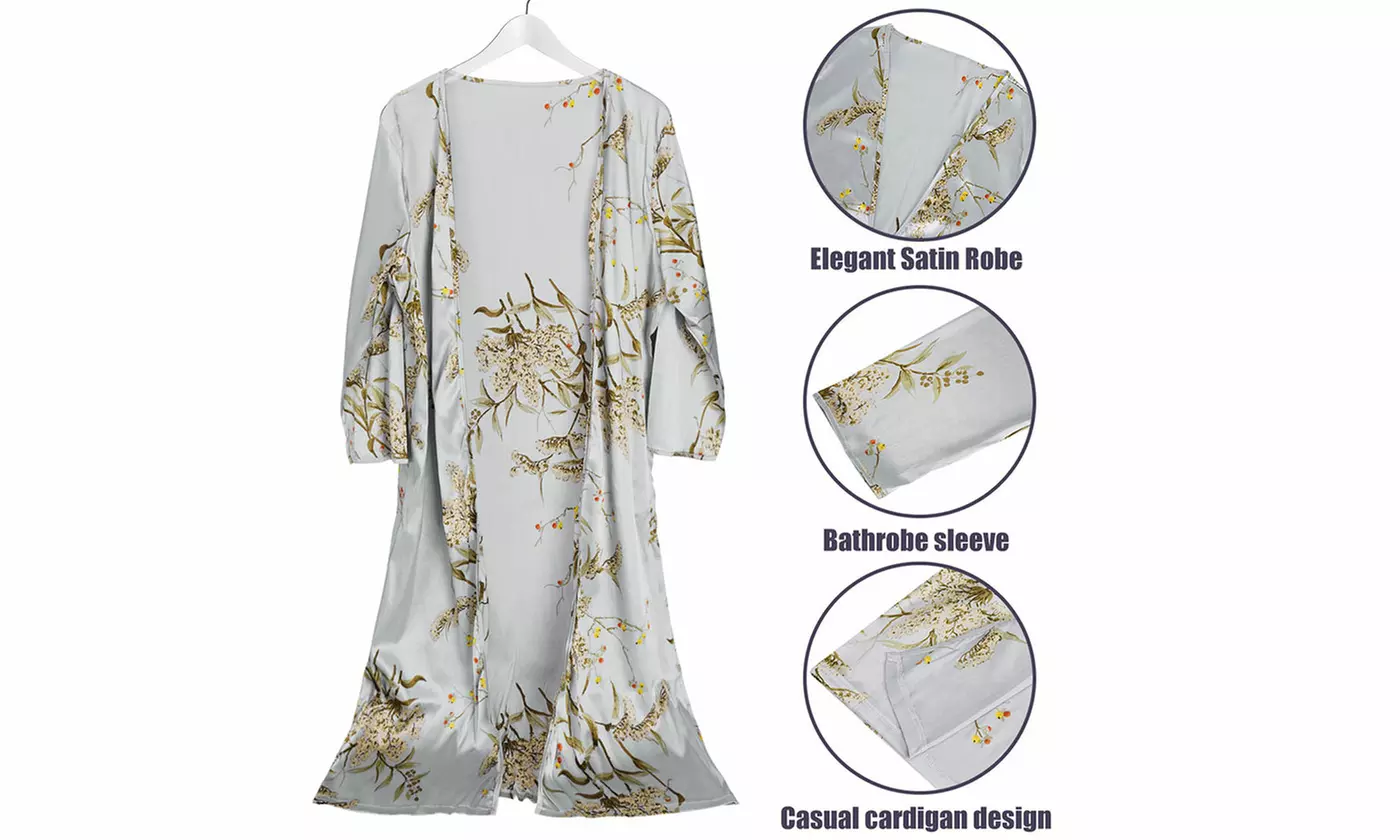 2-Piece Women's Floral Print Satin Lounge Set Robe Dress Collection