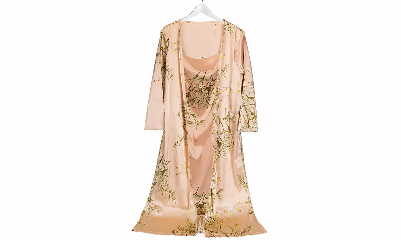 2-Piece Women's Floral Print Satin Lounge Set Robe Dress Collection