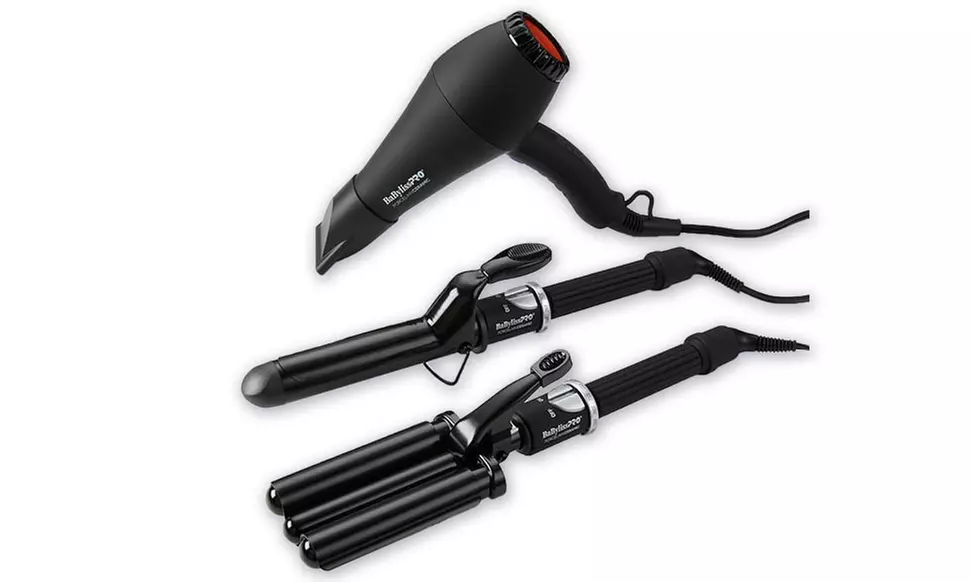 BabylissPRO Porcelain Ceramic Hair Dryer, Triple Barrel Waver & Curling Iron Set