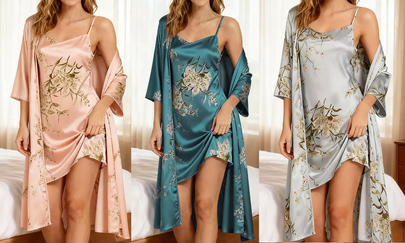 2-Piece Women's Floral Print Satin Lounge Set Robe Dress Collection