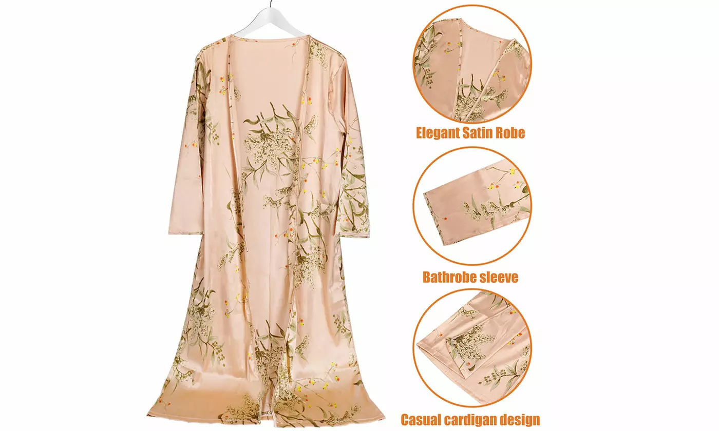 2-Piece Women's Floral Print Satin Lounge Set Robe Dress Collection