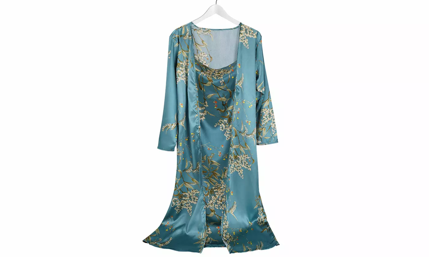 2-Piece Women's Floral Print Satin Lounge Set Robe Dress Collection