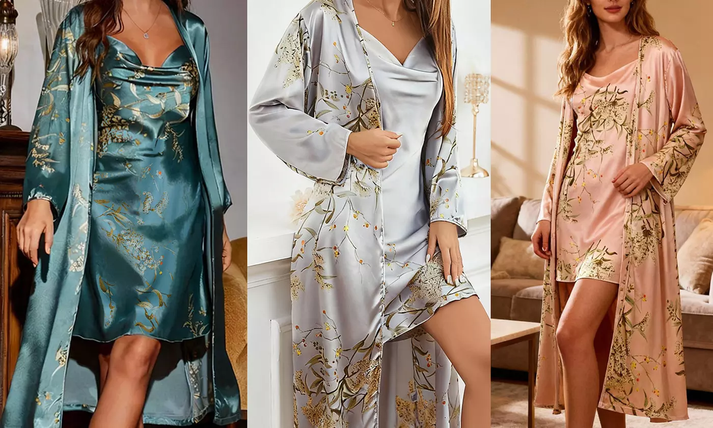 2-Piece Women's Floral Print Satin Lounge Set Robe Dress Collection