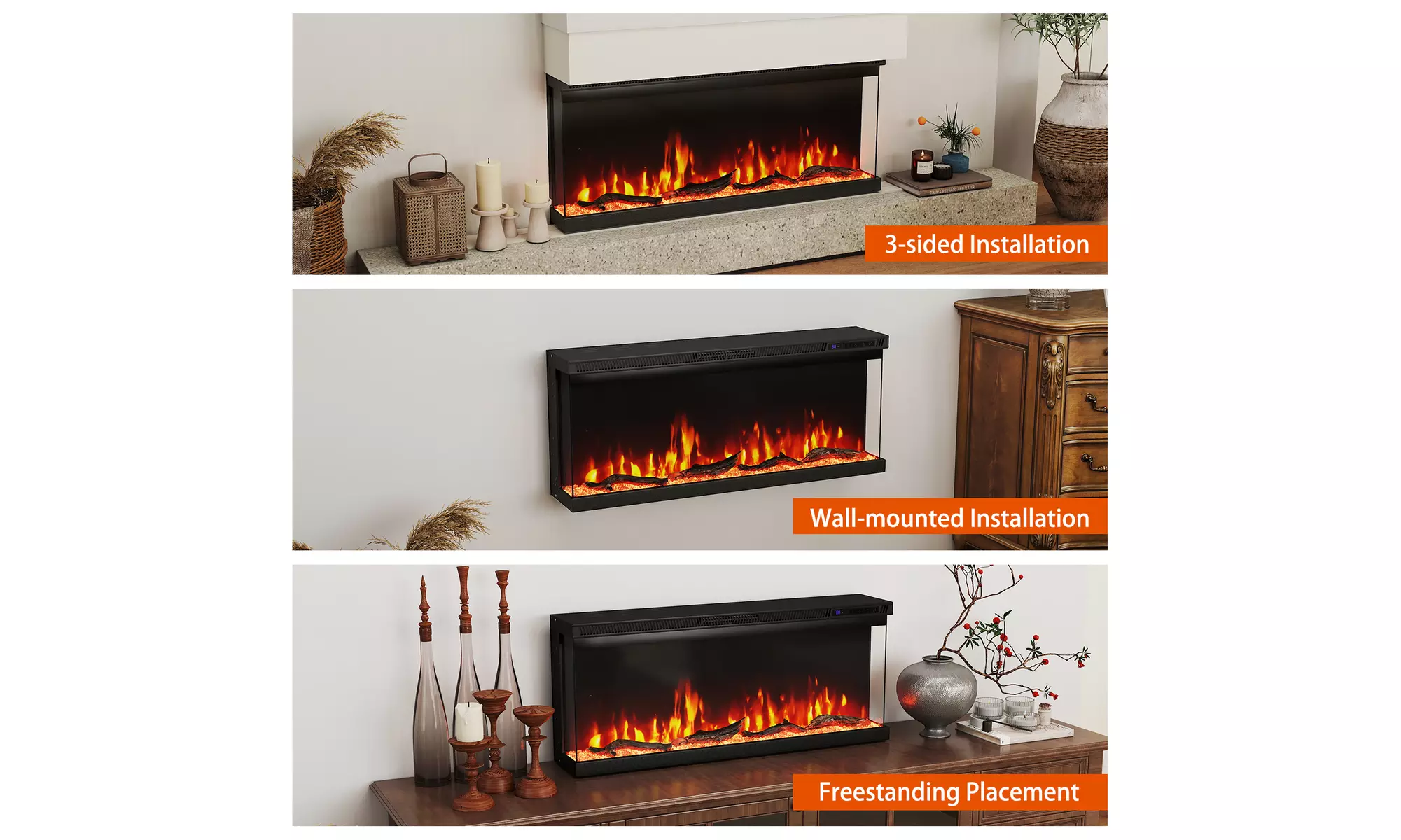 Costway 3-Sided Electric Fireplace Insert: 12 Flame Colors