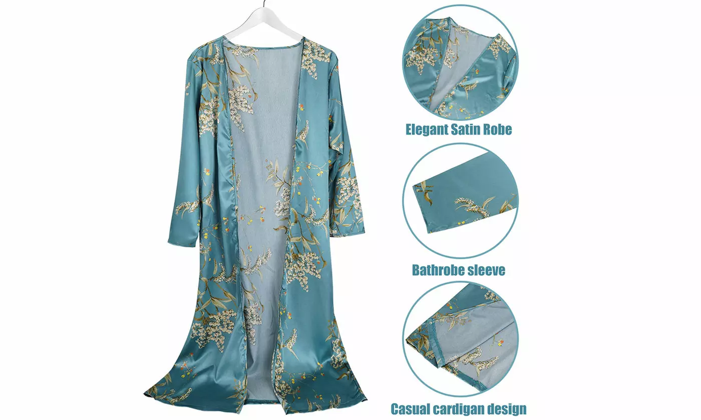 2-Piece Women's Floral Print Satin Lounge Set Robe Dress Collection