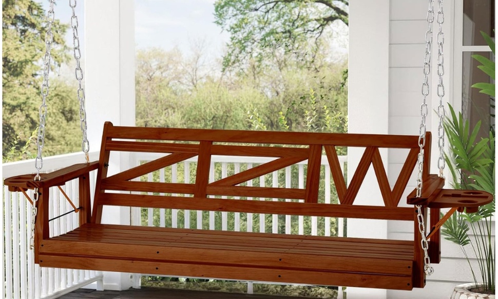 Three Person Wooden Porch Swing Chair with Hanging Chains & Cupholders