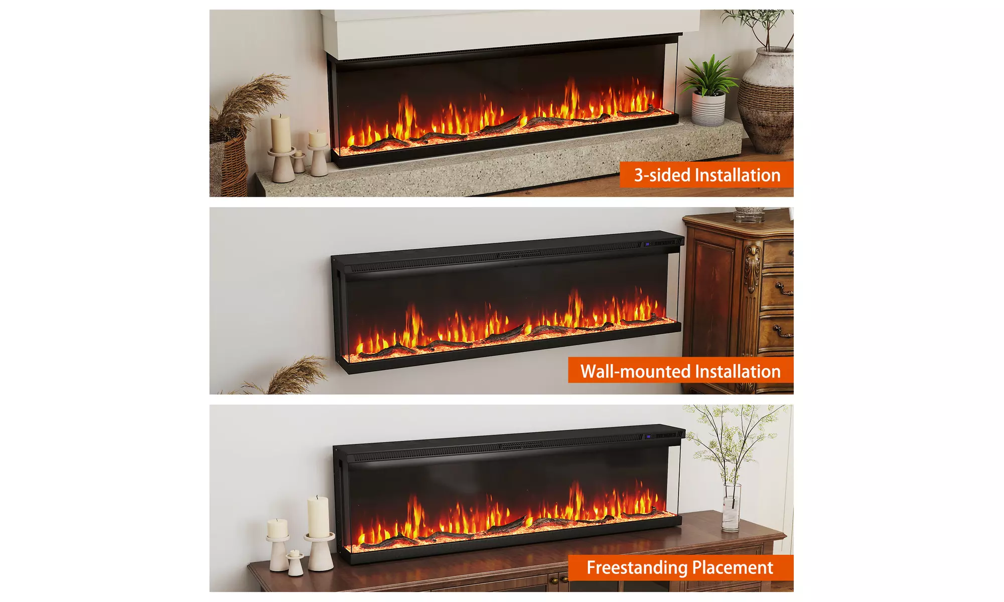 Costway 3-Sided Electric Fireplace Insert: 12 Flame Colors