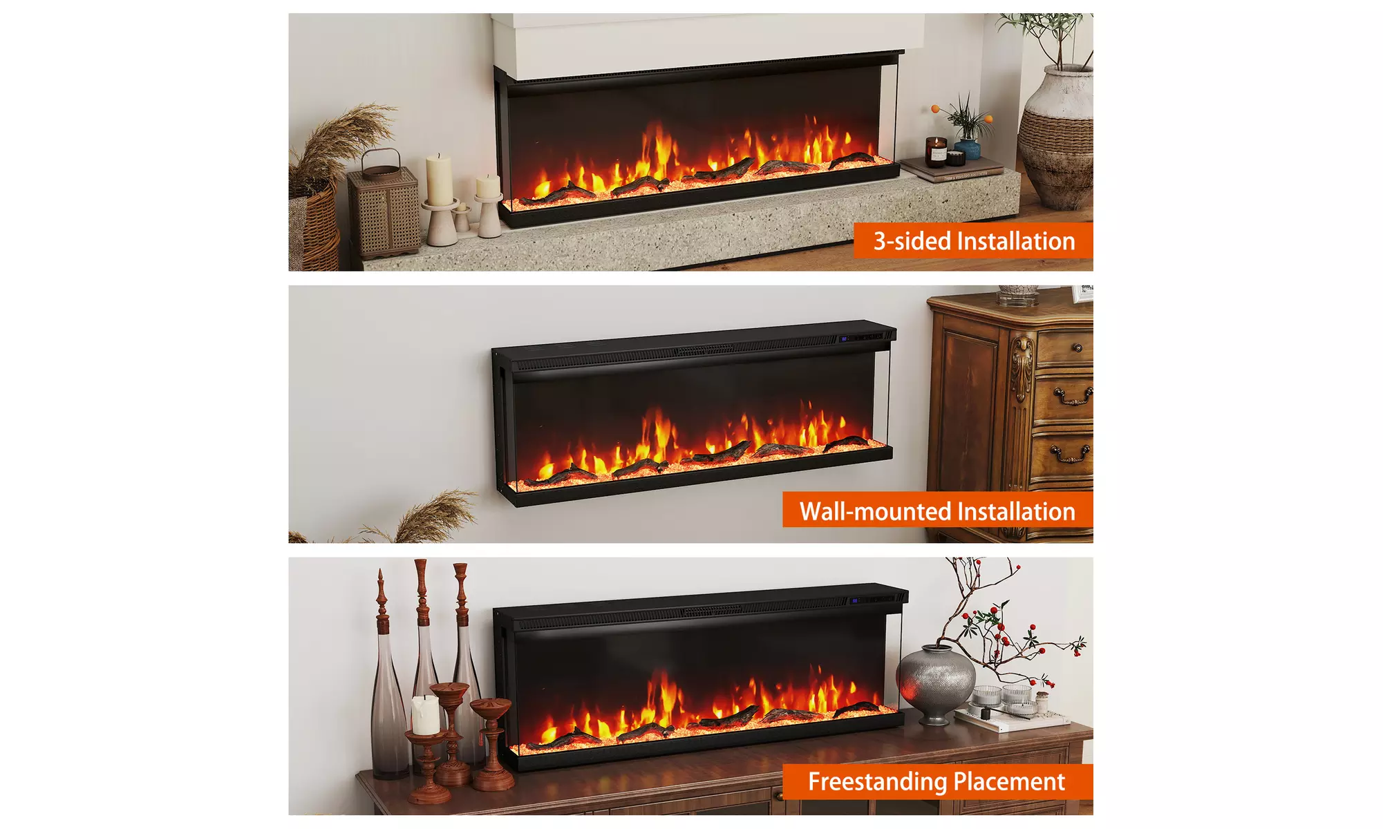 Costway 3-Sided Electric Fireplace Insert: 12 Flame Colors
