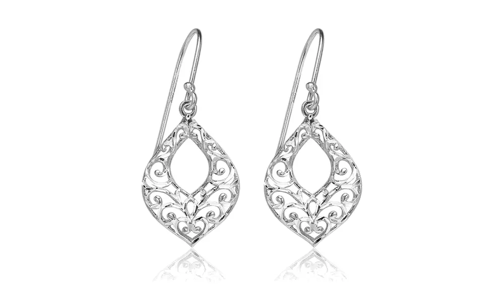 Sterling Silver Diamond-cut Filigree Open Teardrop Dangle Earrings