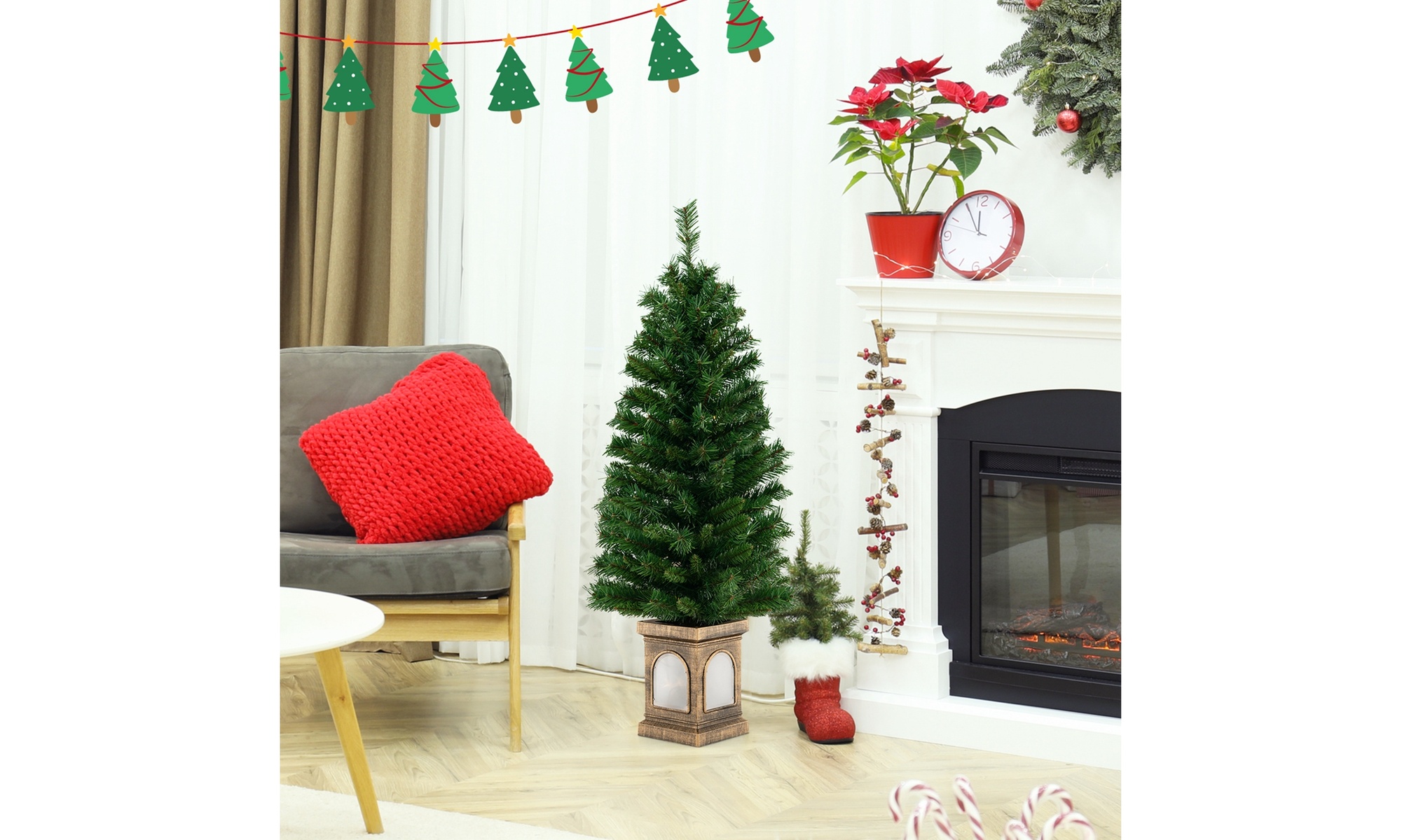 Costway 4 FT Pre-Lit Potted Christmas Tree Artificial Decor 3 Lighting Modes