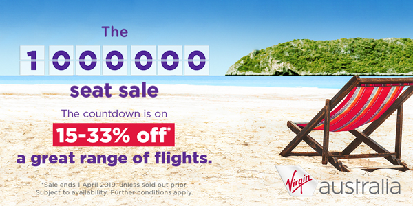 <b>Virgin AUstralia's Million Seat Sale 15-33% Off Flights & 10% Off All Holiday Packages<b/>