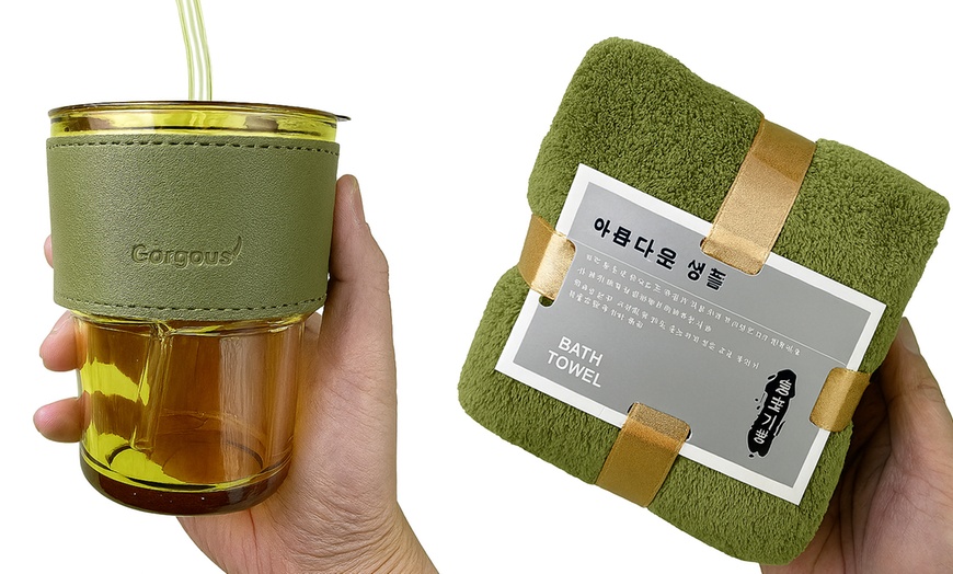 Image 3: Green Bliss Summer Fan, Water Bottle and Towel Gift Set