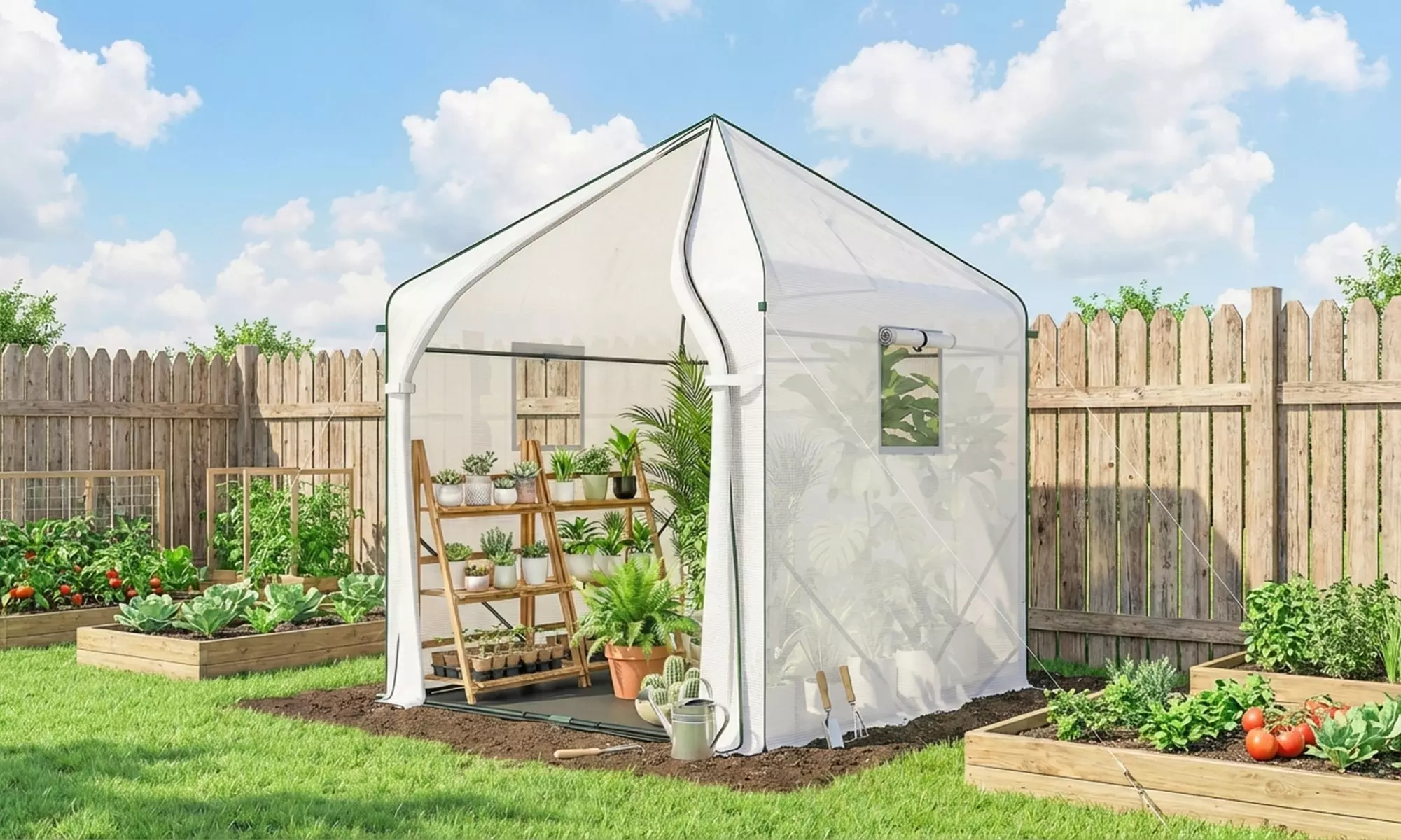 Outsunny Walk-In Garden Greenhouse with Roll-Up Door and Windows