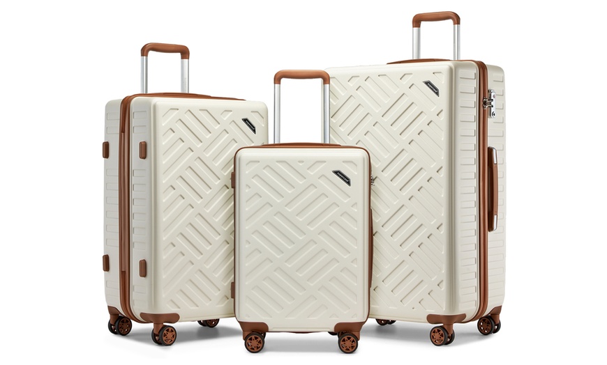 Image 16: Three-Piece Sleek Geometric Pattern Hard Shell ABS+PC Suitcase Set 