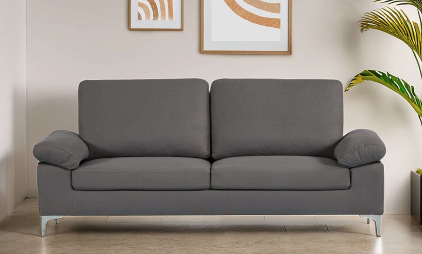 Image 1: Two Seater Sofa Grey Fabric Couch with Cushion
