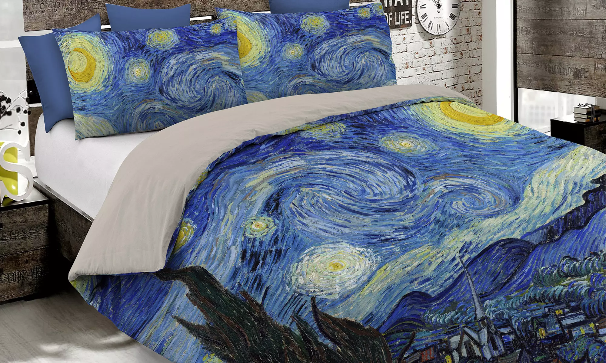 Parure copripiumino matrimoniale Arte no stiro Made in Italy con stampa digitale, disponibile in 5 fantasie - Primary Image