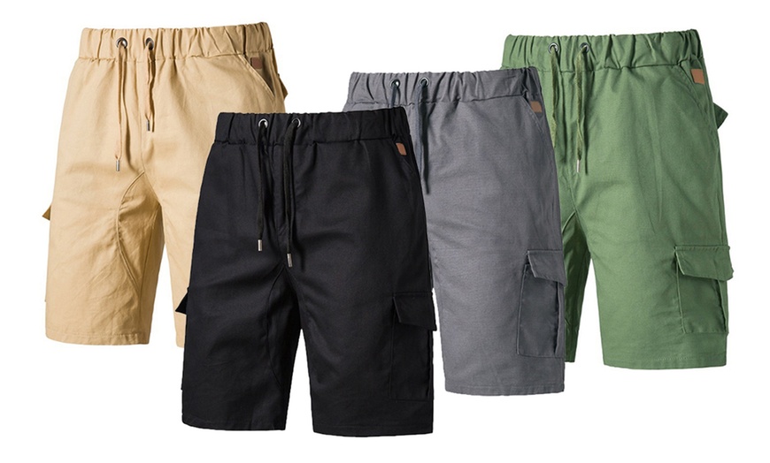 Image 1: Men's Casual Slim Fit Cargo Shorts with Elastic Waist