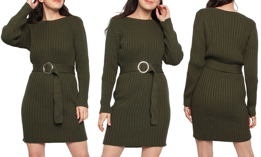 Image 4: Rib Knit Buckle Belt Jumper Dress