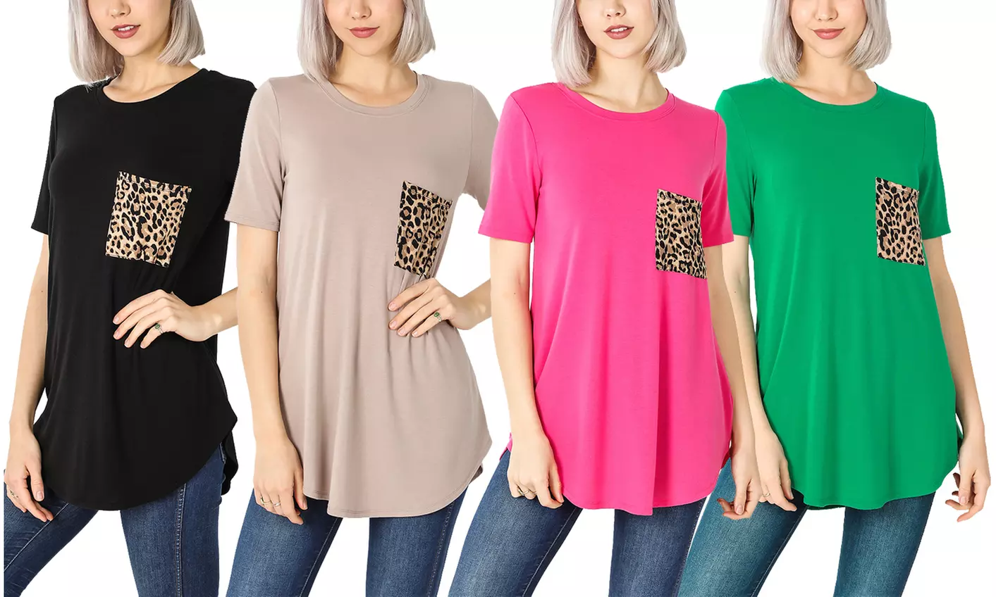 Haute Edition Women's Short Sleeve Leopard Print Pocket Top - Primary Image