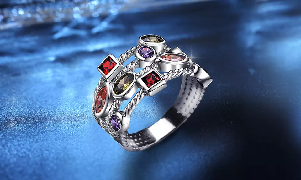 CZ Multi-Stone Three Row Band in White, Yellow Gold  Accents