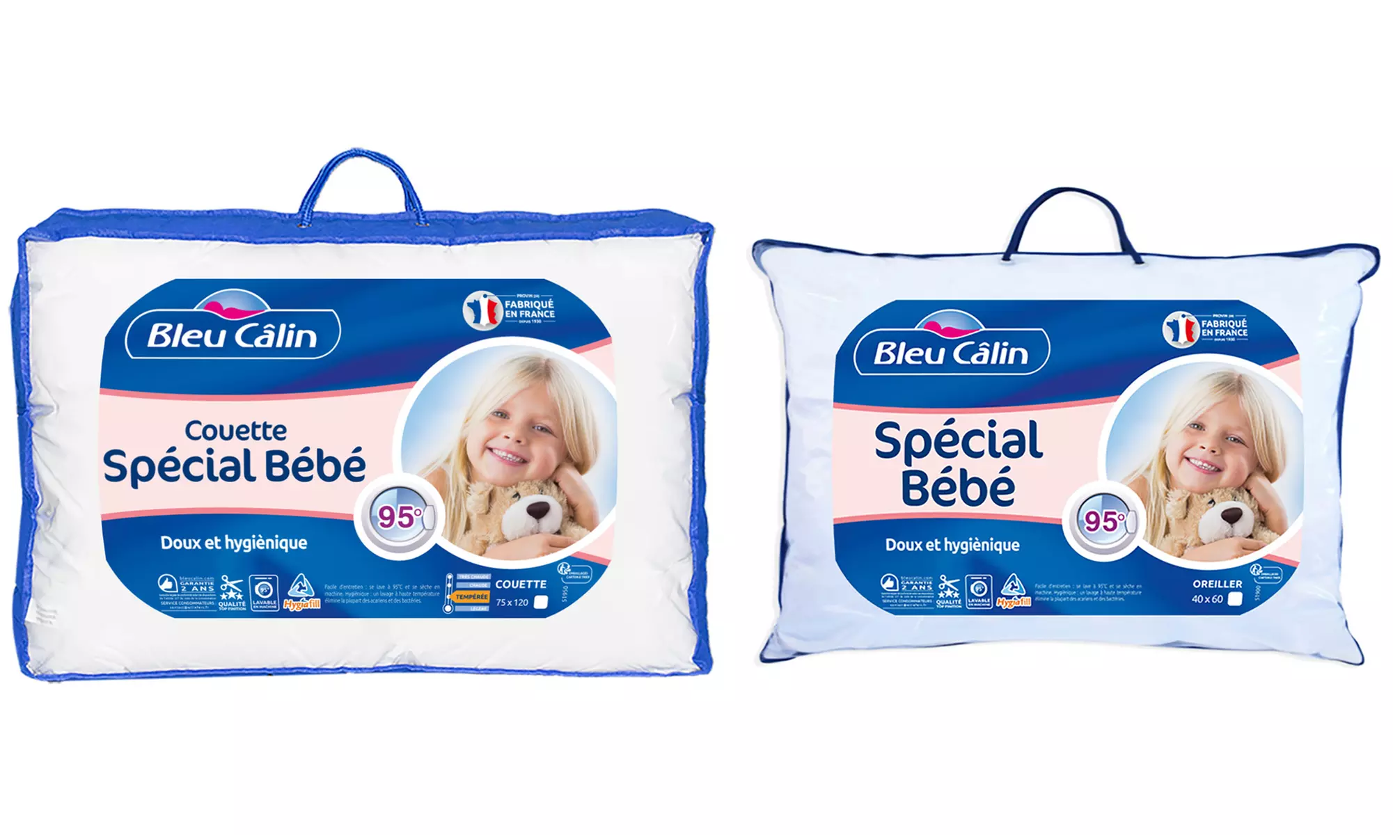 Oreiller et couette spécial bébé Lavable à 95°C de la marque Bleu Câlin, fabriquées en France - Primary Image