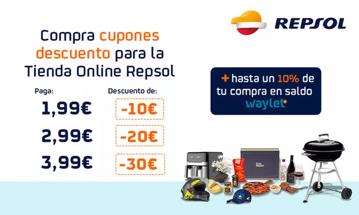 Cupones de 10€, 20€ y 30€ para la Tienda Online Repsol por 1,99€, 2,99€ y 3,99€ - Primary Image