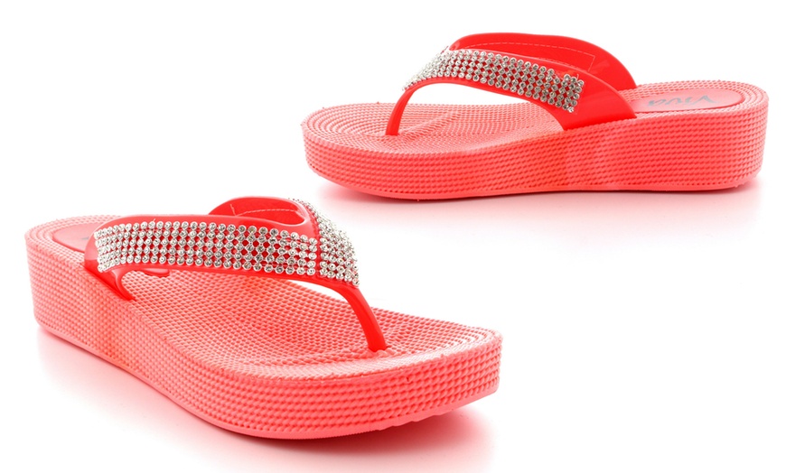 Image 8: Diamante Wedge Flip Flops