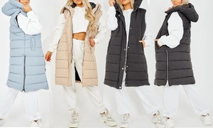  Women's Longline Hooded Sleeveless Puffer Gilet 