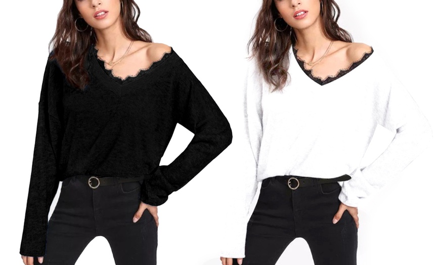 Image 8: Lace Trim V-Neck Sweater