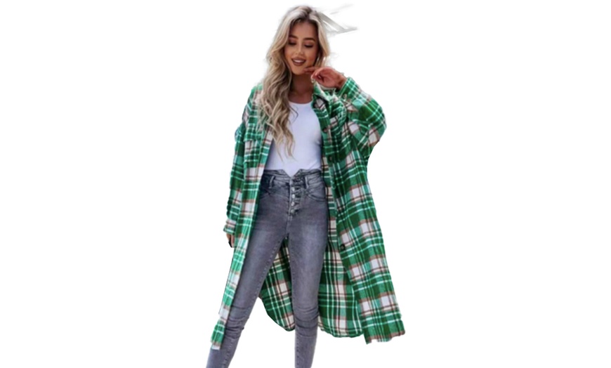 Image 3: Womens Long Plaid Shirt